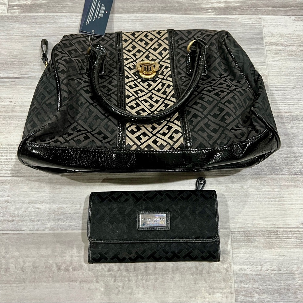 NWT Tommy Hilfiger Purse Satchel Black/Brown Logo Bag With Used Wallet Included